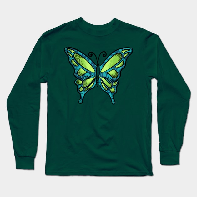 Blue Green Butterfly Long Sleeve T-Shirt by quenguyen